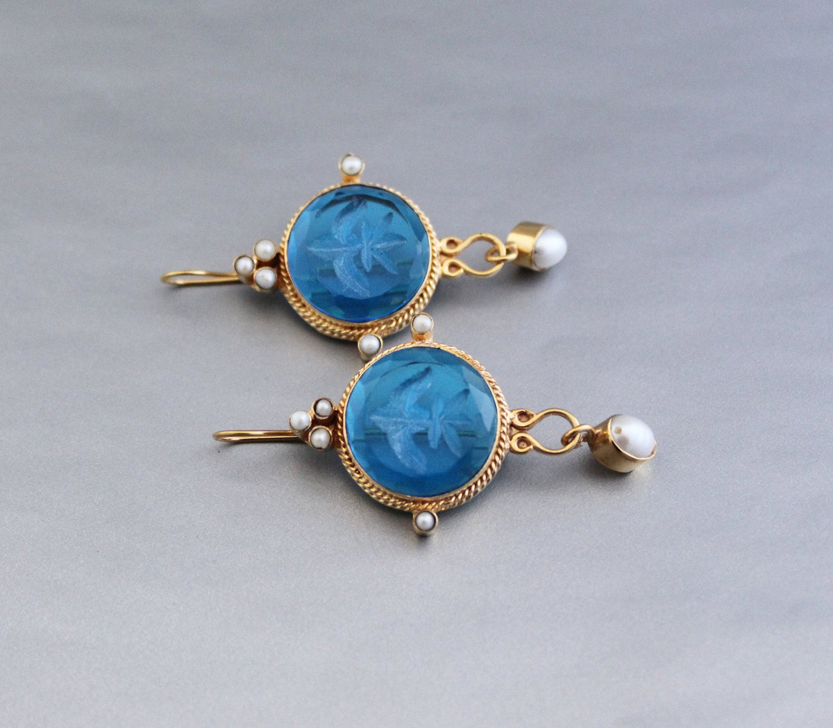Blue Intaglio Earrings, Ancient Roman Style, Victorian Gold, photo 8