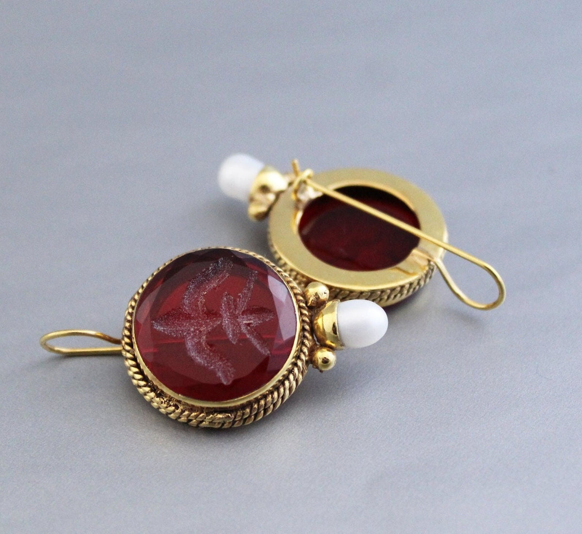 Red Intaglio Crystal Earrings, Gold Filled