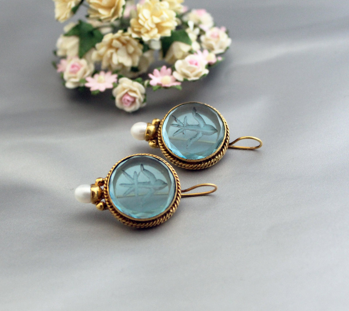 Blue Glass Intaglio Earrings, Vintage Style, Gold Vermeil, photo 8