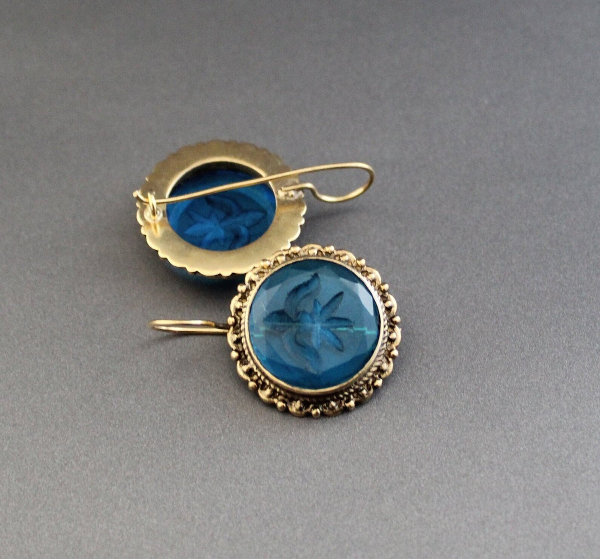 Blue Glass Intaglio Earrings, Victorian Art Deco Style, Brass, photo 8