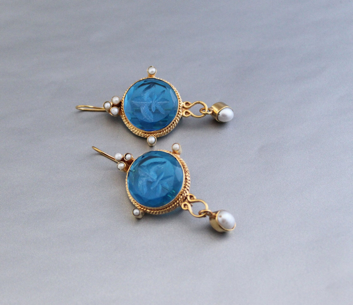Blue Quartz Intaglio Earrings, Vintage Style with Pearl, photo 5