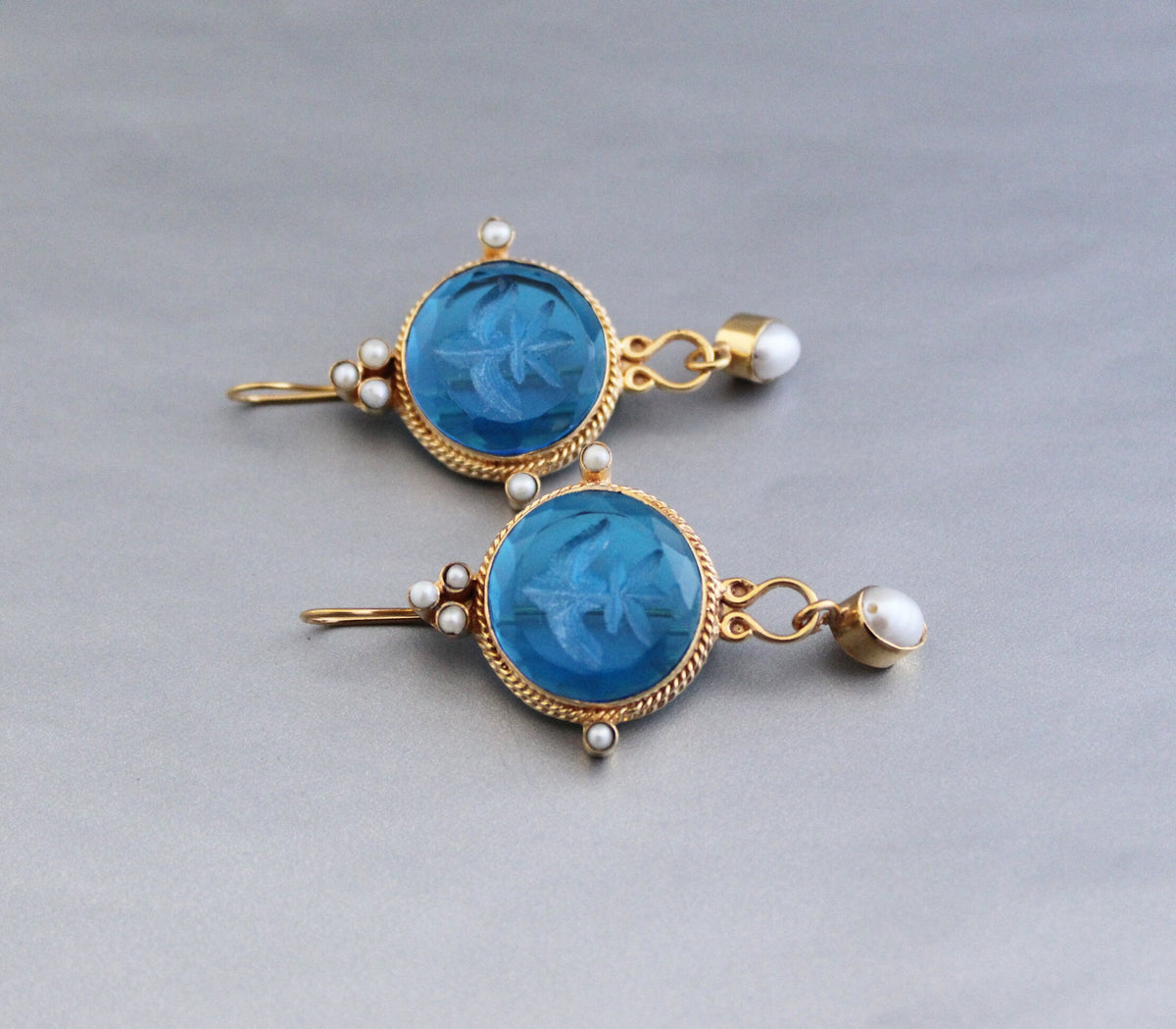 Blue Quartz Intaglio Earrings, Vintage Style with Pearl, photo 7