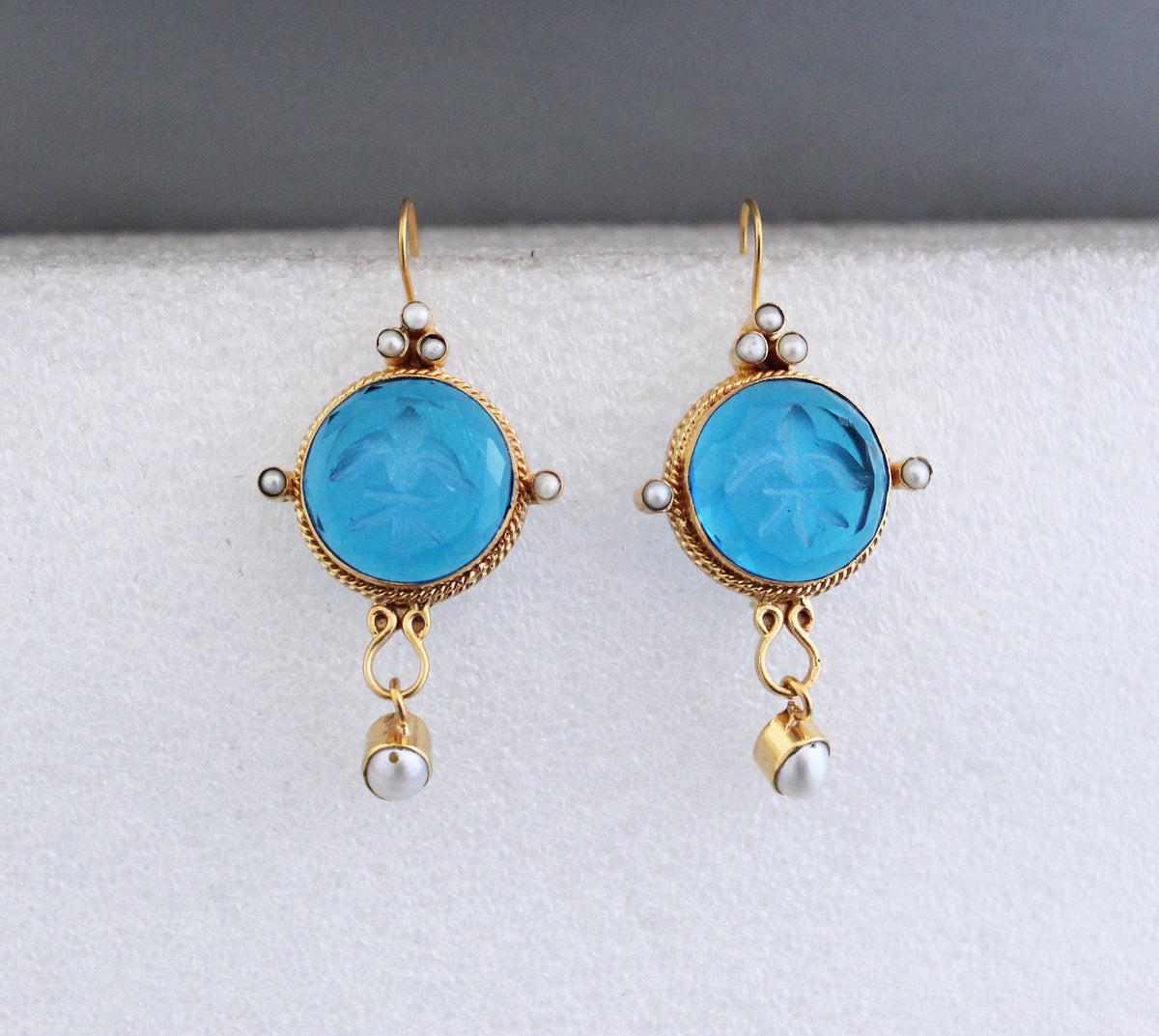 Blue Quartz Intaglio Earrings, Vintage Style with Pearl, photo 8