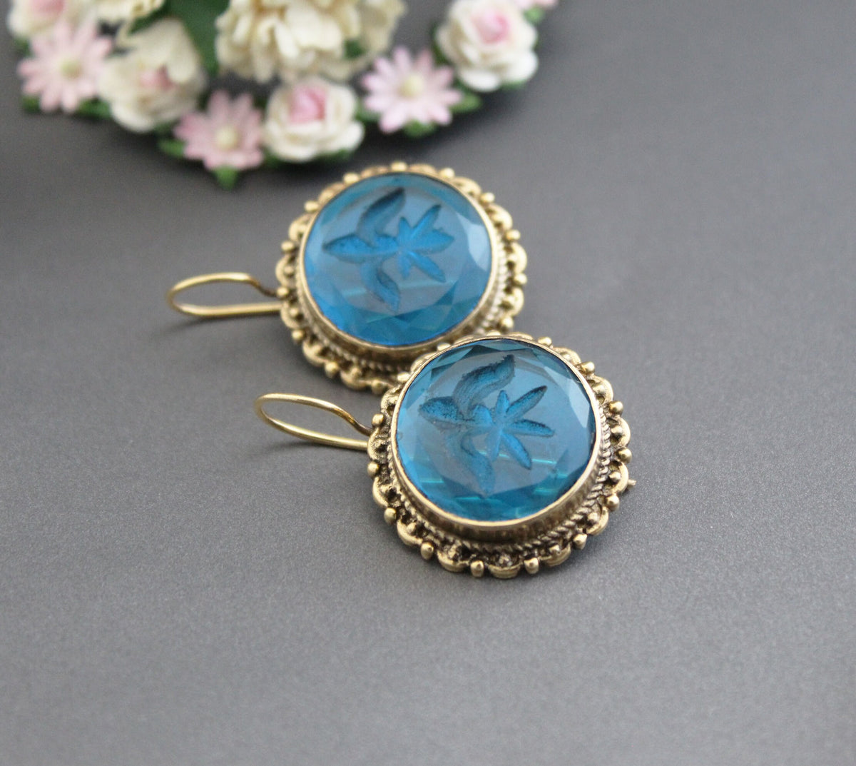 Blue Glass Intaglio Earrings, Victorian Art Deco Style, Brass, photo 11