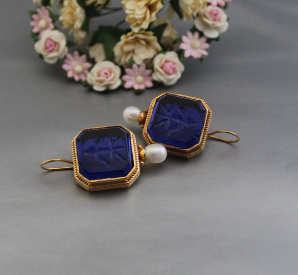 Dark Blue Intaglio Cameo Earrings, Vintage Style, 18K Gold