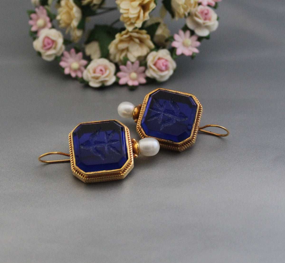 Dark Blue Intaglio Cameo Earrings, Vintage Style, 18K Gold