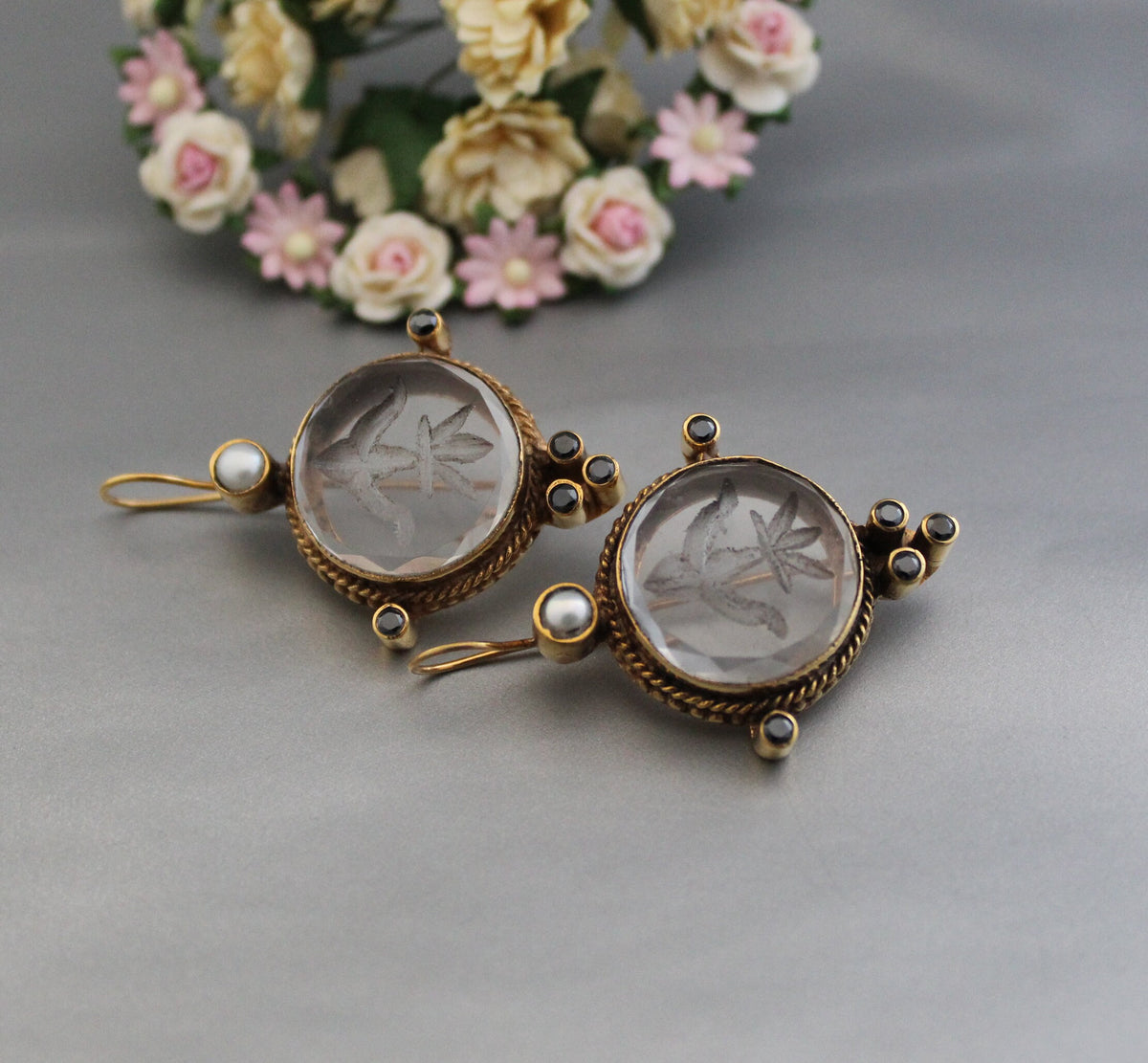 Intaglio Crystal Earrings, Edwardian Style, 18K Gold Vermeil, photo 4