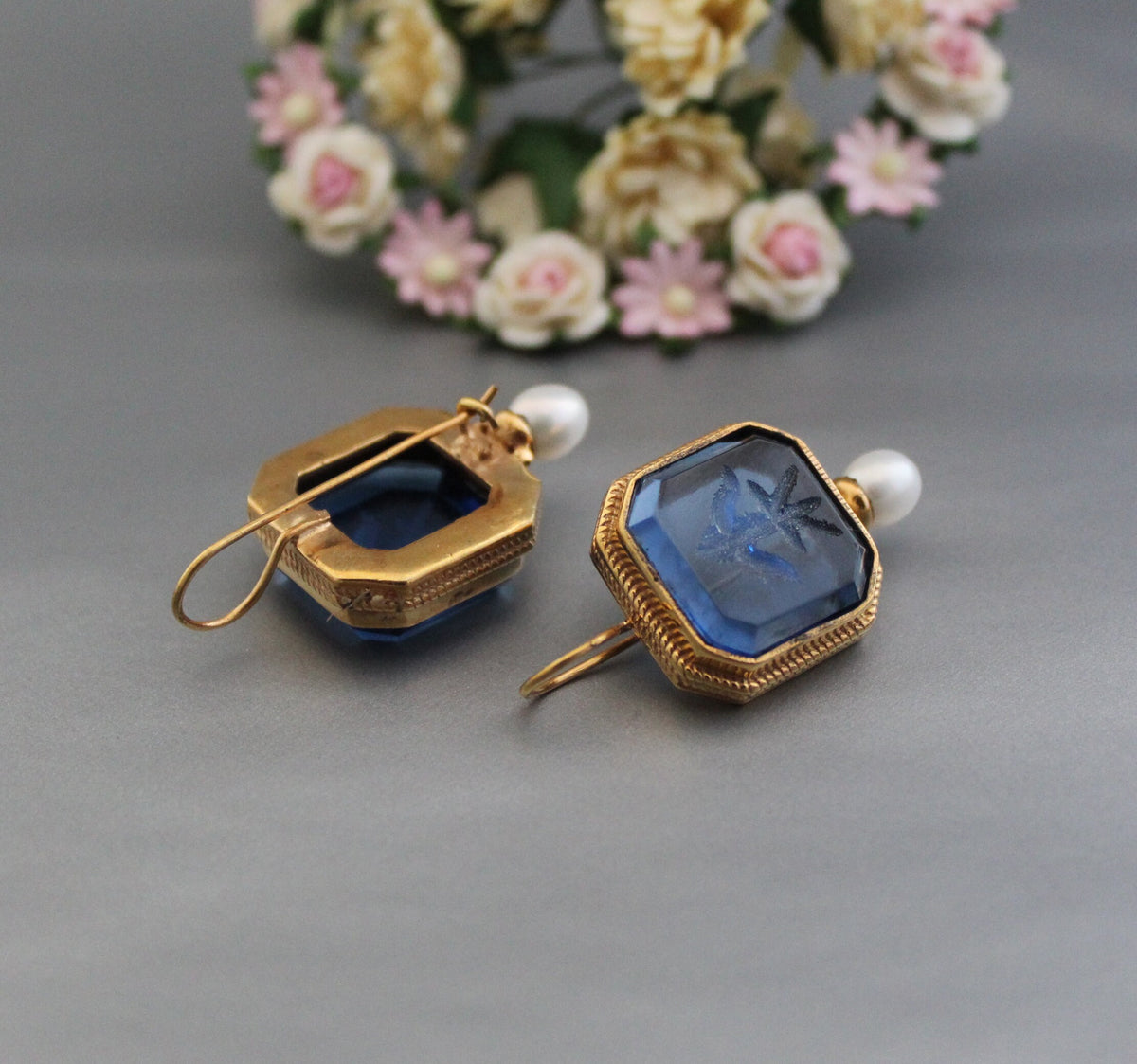 Blue Glass Intaglio Earrings, Victorian Pearl Drops, Gold Vermeil, photo 8