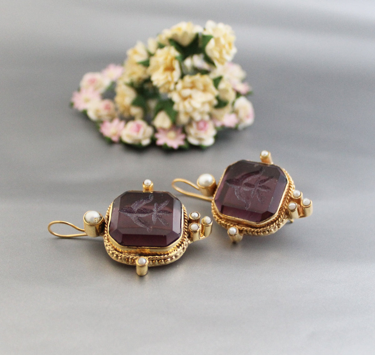 Purple Intaglio Glass Earrings, Victorian Style, Brass with Pearls, photo 6