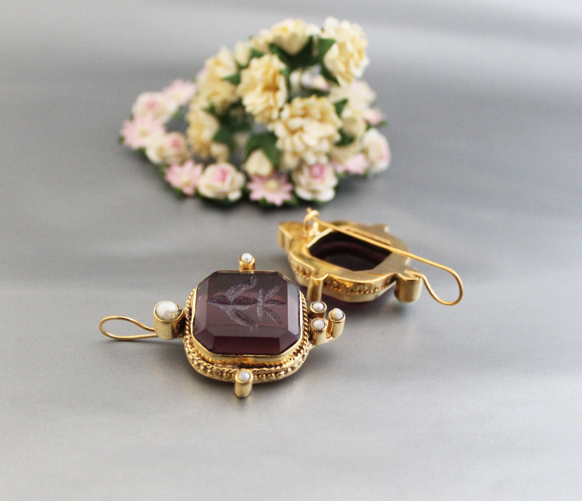 Purple Intaglio Glass Earrings, Victorian Style, Brass with Pearls, photo 5