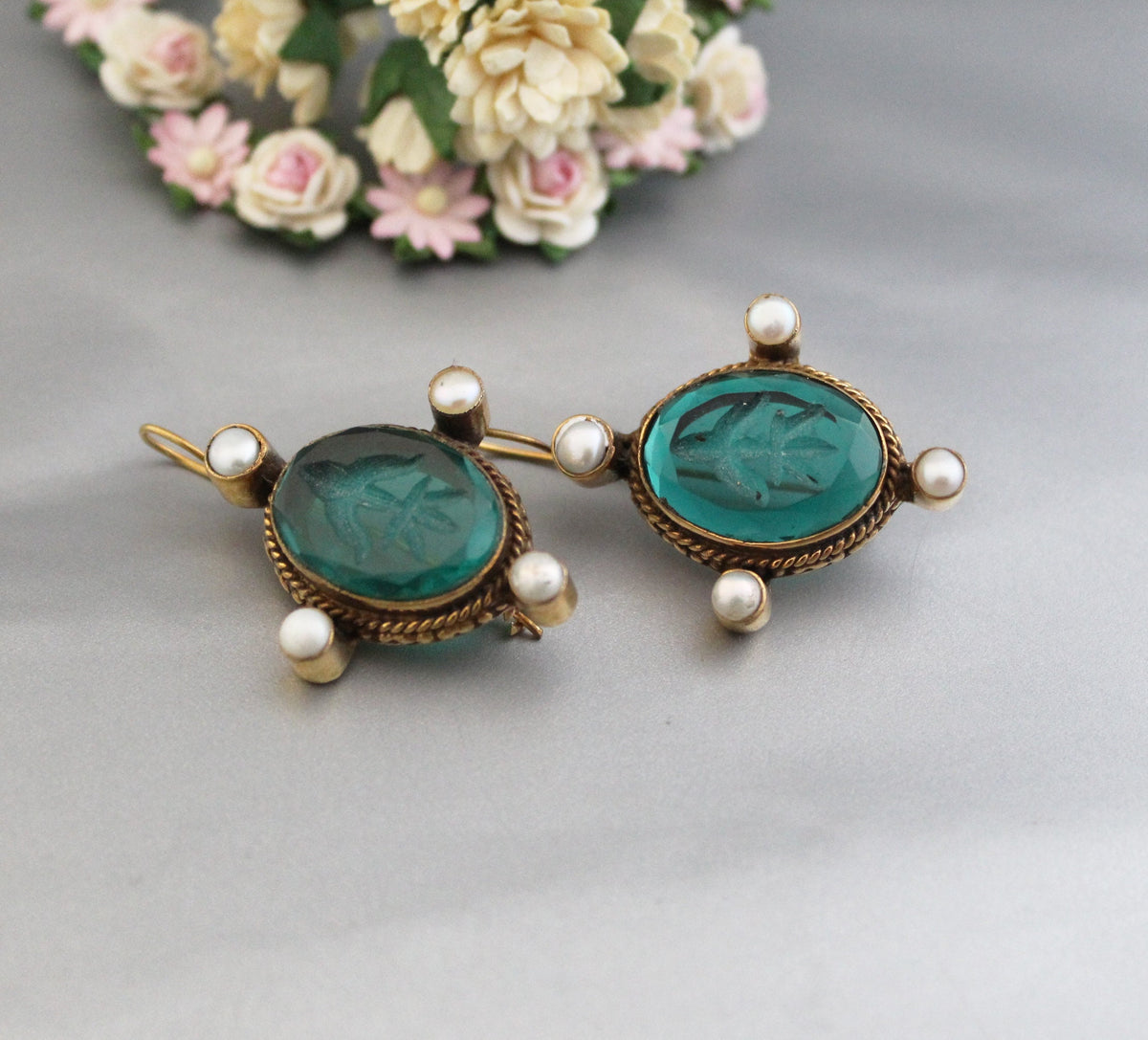 Green Glass Intaglio Earrings, Edwardian Style, Gold Vermeil with Pearls, photo 12