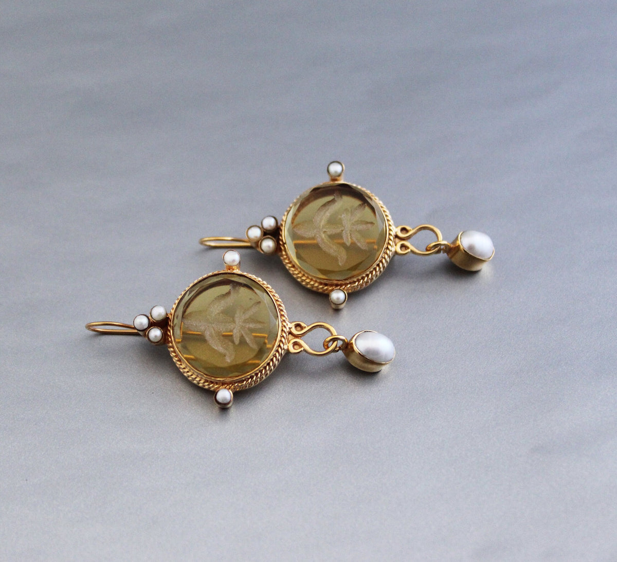 Fleur-de-lis Intaglio Earrings, Victorian Style, 14K Gold, photo 10