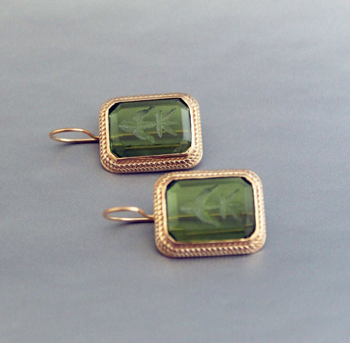 Green Glass Intaglio Drop Earrings, Victorian Art Deco, 18K Gold Vermeil, photo 12