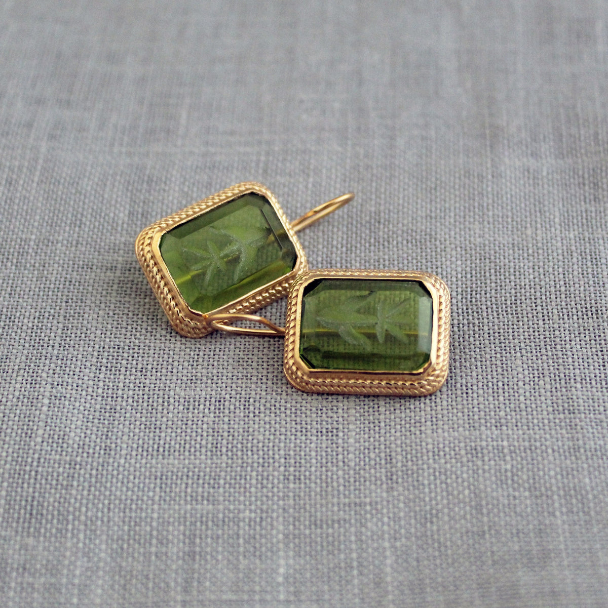 Green Glass Intaglio Drop Earrings, Victorian Art Deco, 18K Gold Vermeil, photo 8