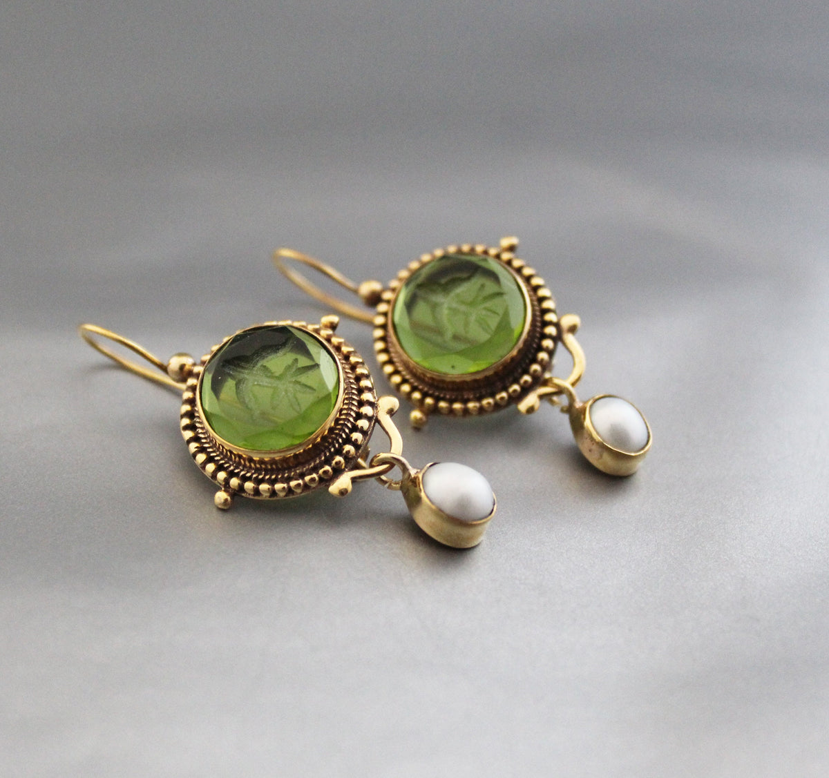 Green Glass Intaglio Earrings, Vintage Victorian Style, Gold, photo 5