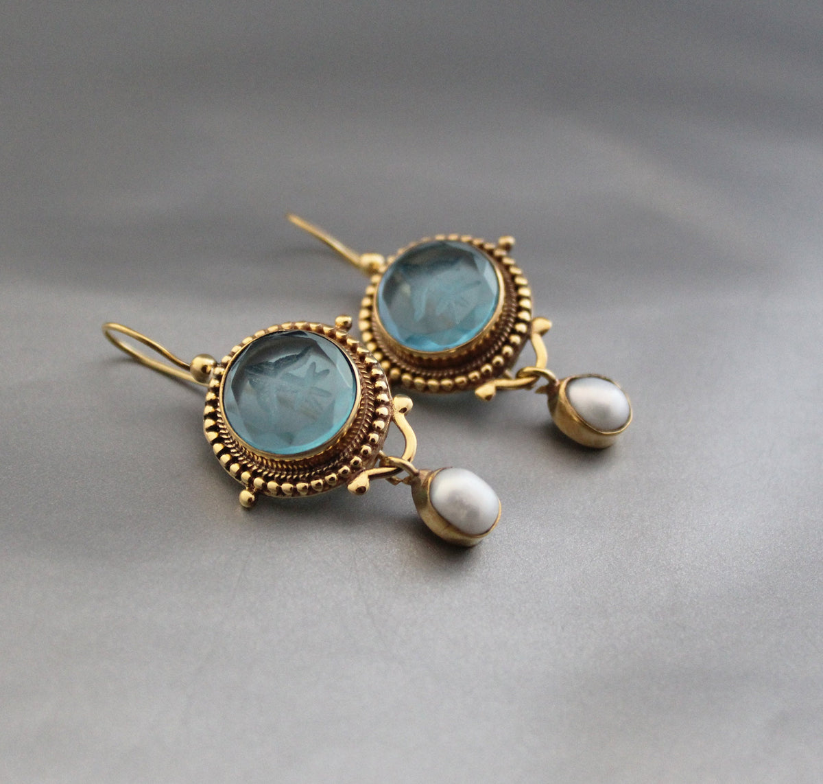 Blue Quartz Intaglio Earrings, Pearl Drops, Gold, photo 8