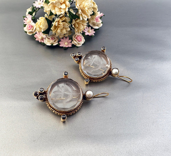 Intaglio Crystal Earrings, Edwardian Style, 18K Gold Vermeil