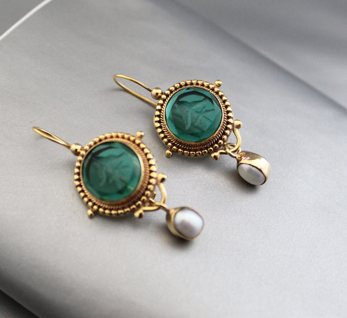 Green Glass Intaglio Earrings, Vintage Dangles, 14K Gold, photo 5