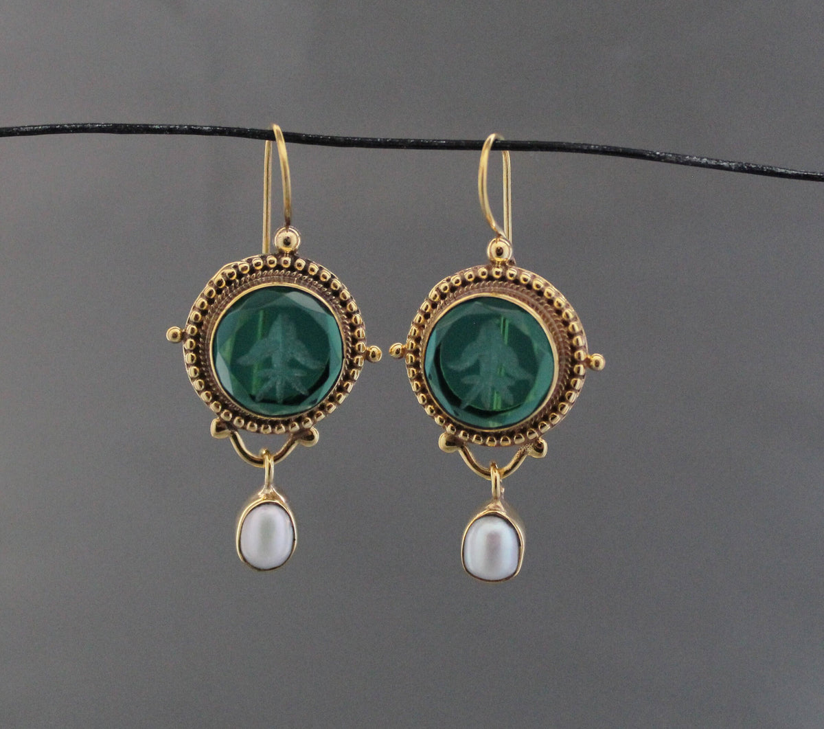 Green Glass Intaglio Earrings, Vintage Dangles, 14K Gold, photo 8