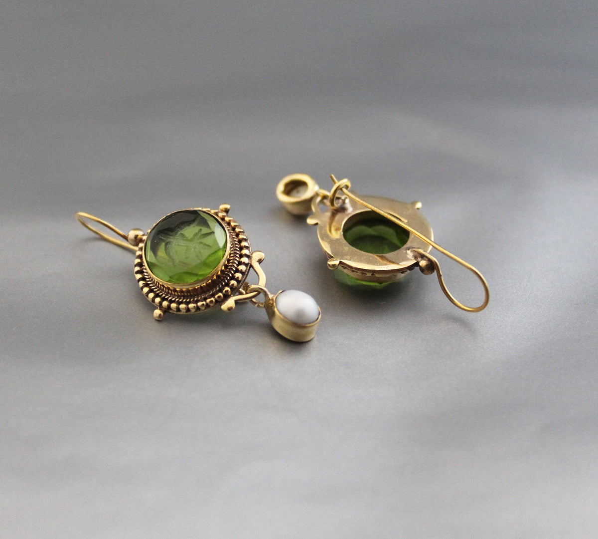 Green Glass Intaglio Earrings, Vintage Victorian Style, Gold, photo 6