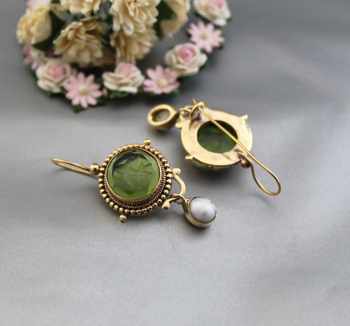 Green Glass Intaglio Earrings, Vintage Victorian Style, Gold, photo 7