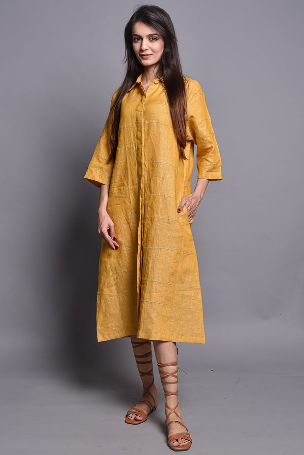 Relax fit Linen Tunic Dress with Straight collar and Concealed Placket, Nursing Friendly, Linen Mid calf dress, Soft Linen Dress with Pocket