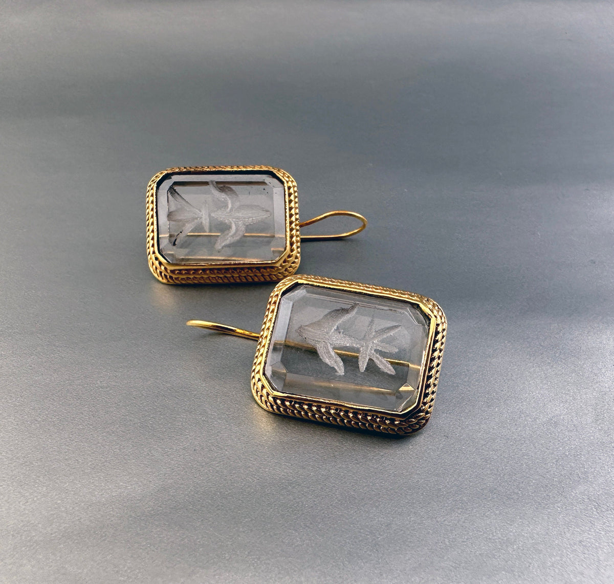 Intaglio Crystal Earrings, Victorian Art Deco Style, Gold, photo 7
