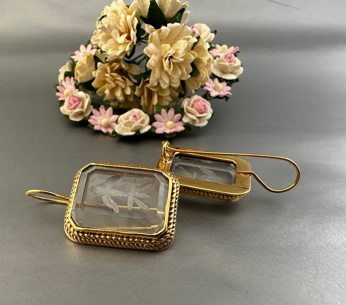 Intaglio Crystal Earrings, Victorian Art Deco Style, Gold, photo 6