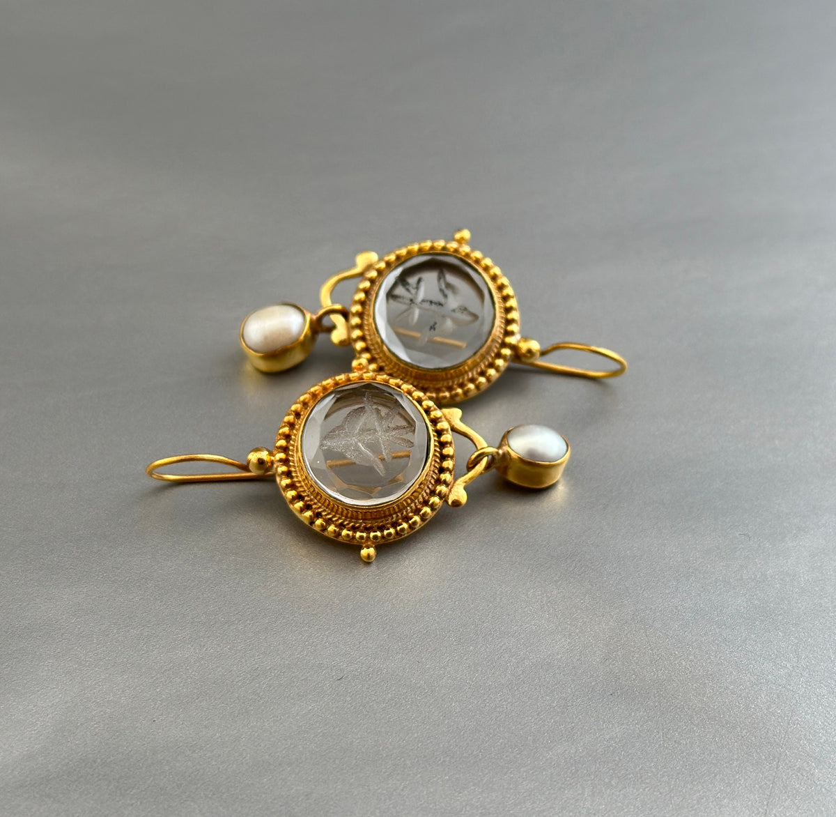 Clear Glass Intaglio Earrings, Victorian Art Deco, Gold with Pearl, photo 7