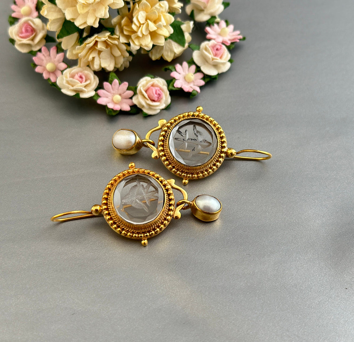 Clear Glass Intaglio Earrings, Victorian Art Deco, Gold with Pearl, photo 8
