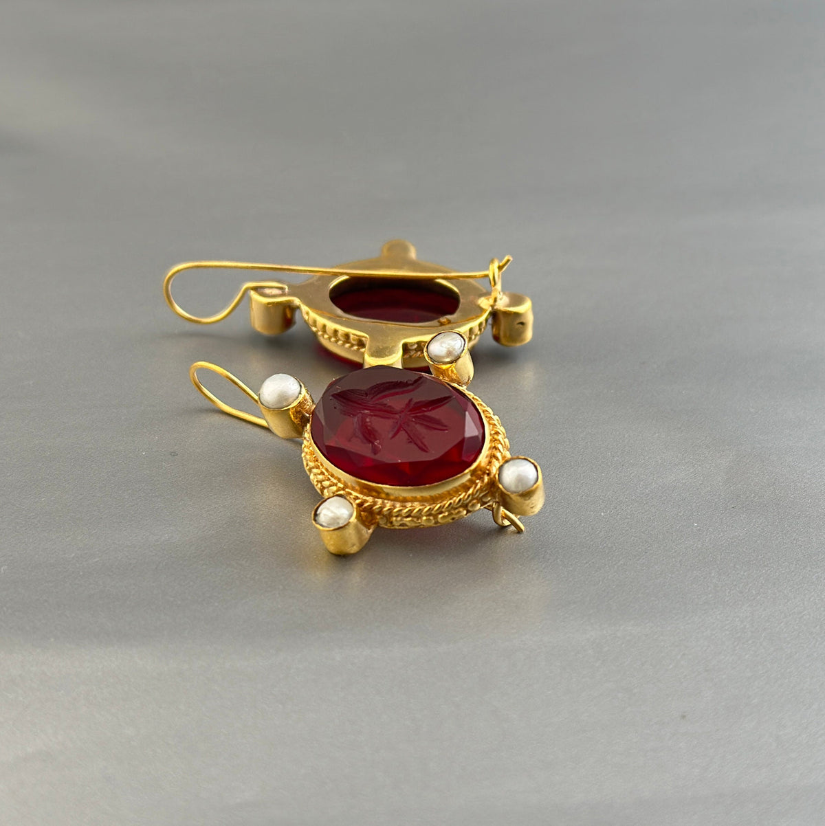 Red Glass Intaglio Earrings, Vintage Victorian Gold with Pearls, photo 9