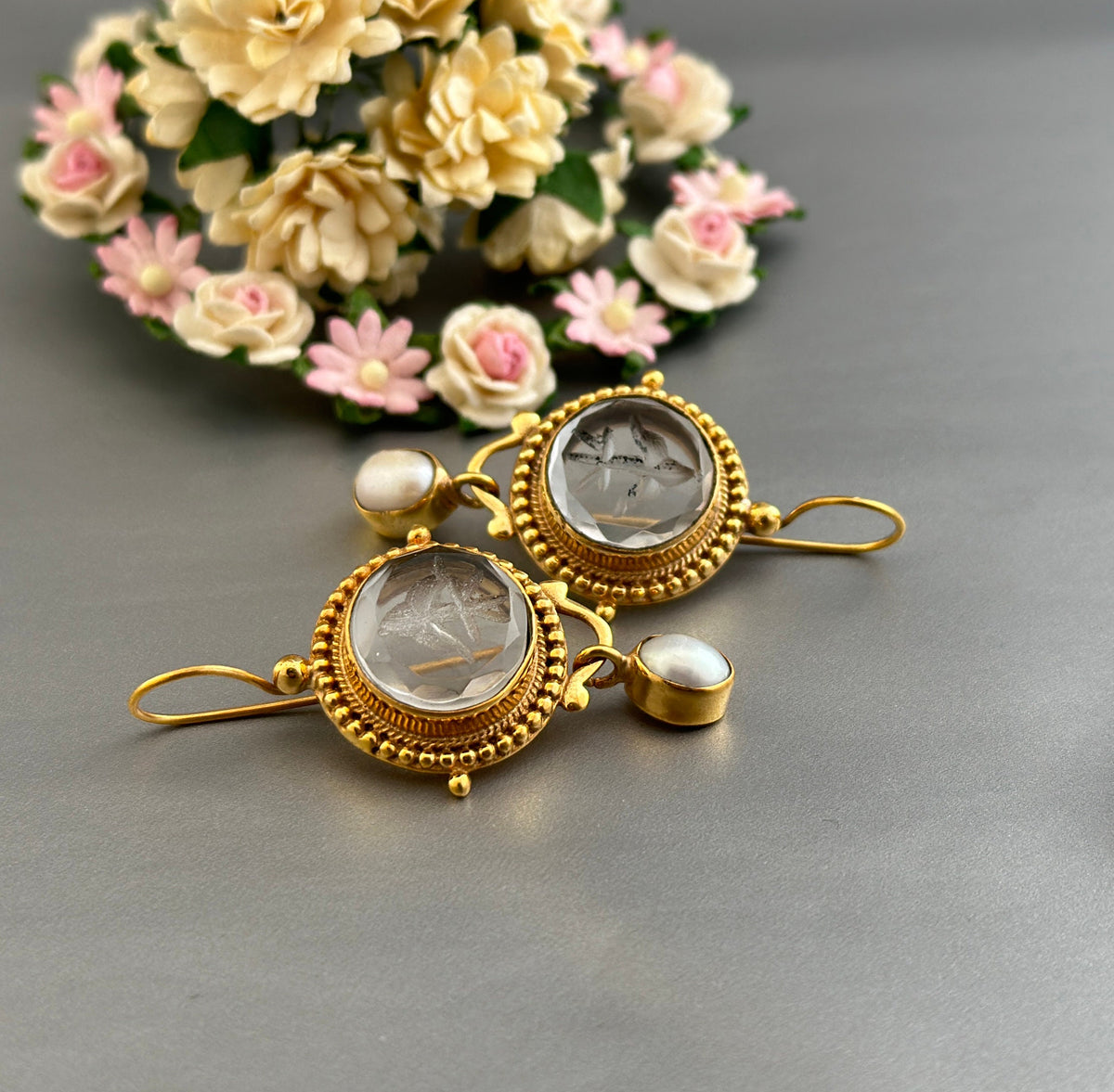 Clear Glass Intaglio Earrings, Victorian Art Deco, Gold with Pearl, photo 9