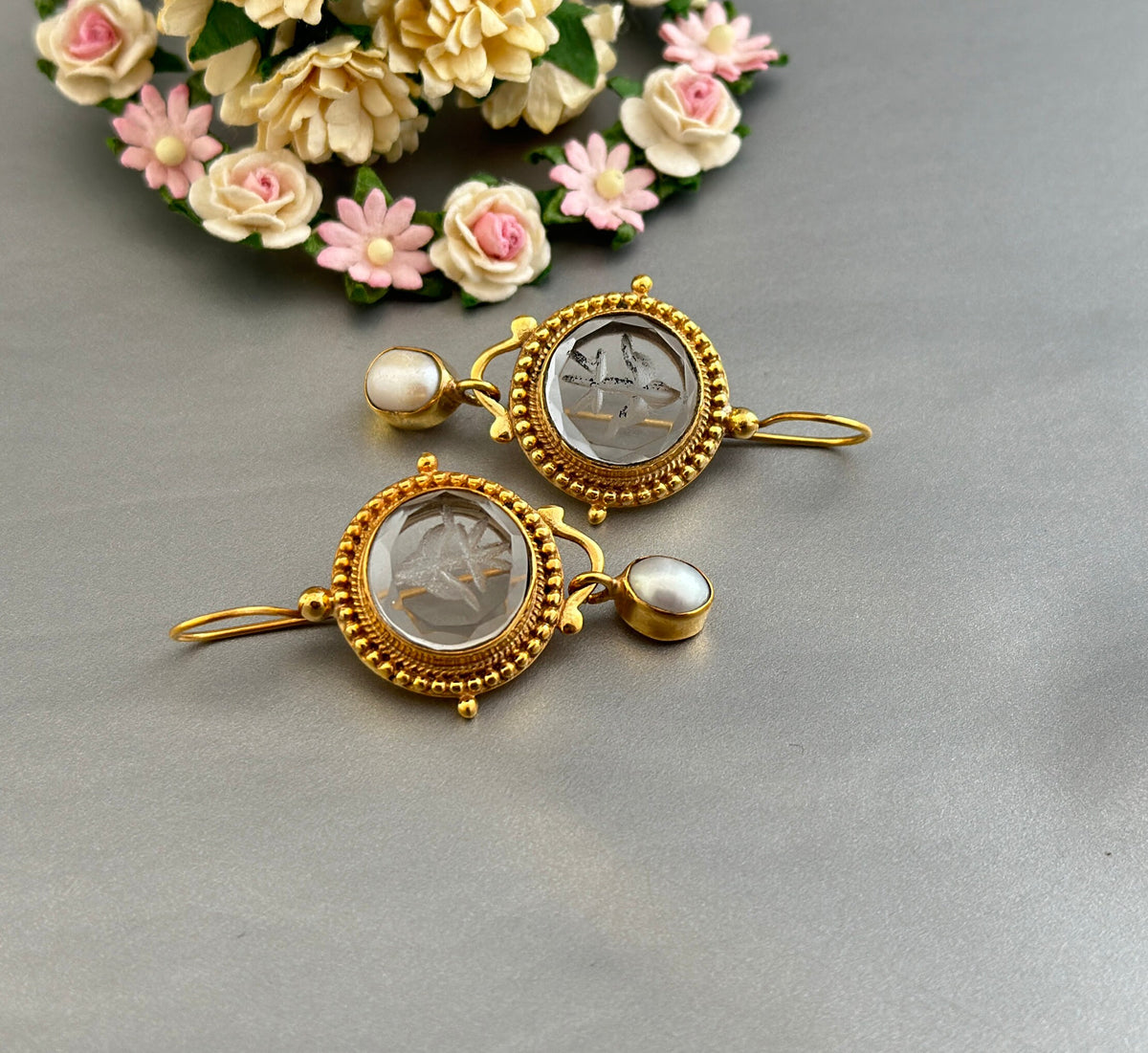 Clear Glass Intaglio Earrings, Victorian Art Deco, Gold with Pearl, photo 10