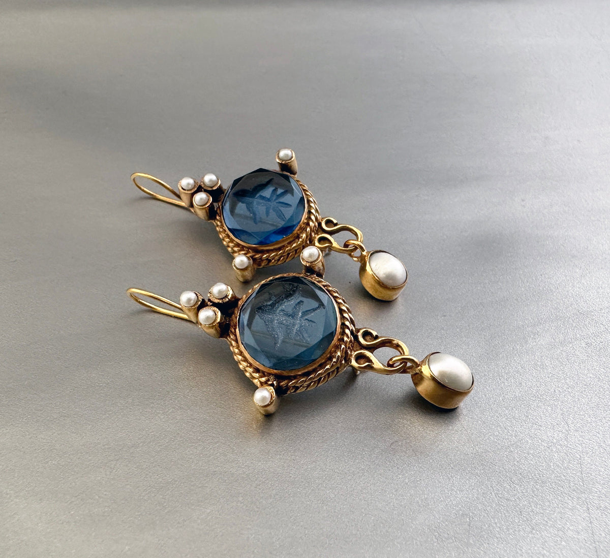 Blue Intaglio Cameo Earrings, Antique Victorian Style, Dainty Gold, photo 10