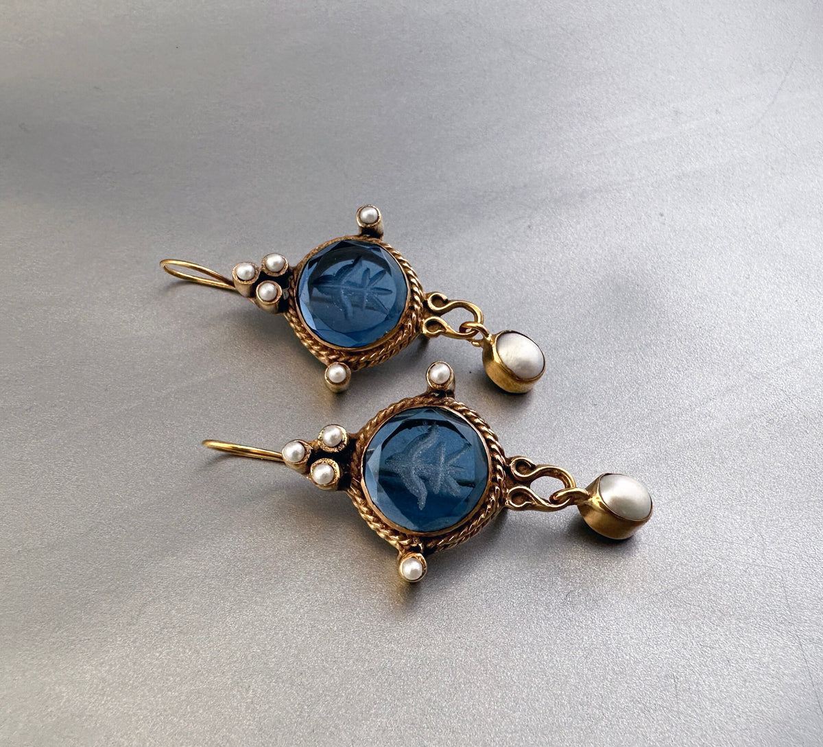 Blue Intaglio Cameo Earrings, Antique Victorian Style, Dainty Gold, photo 9