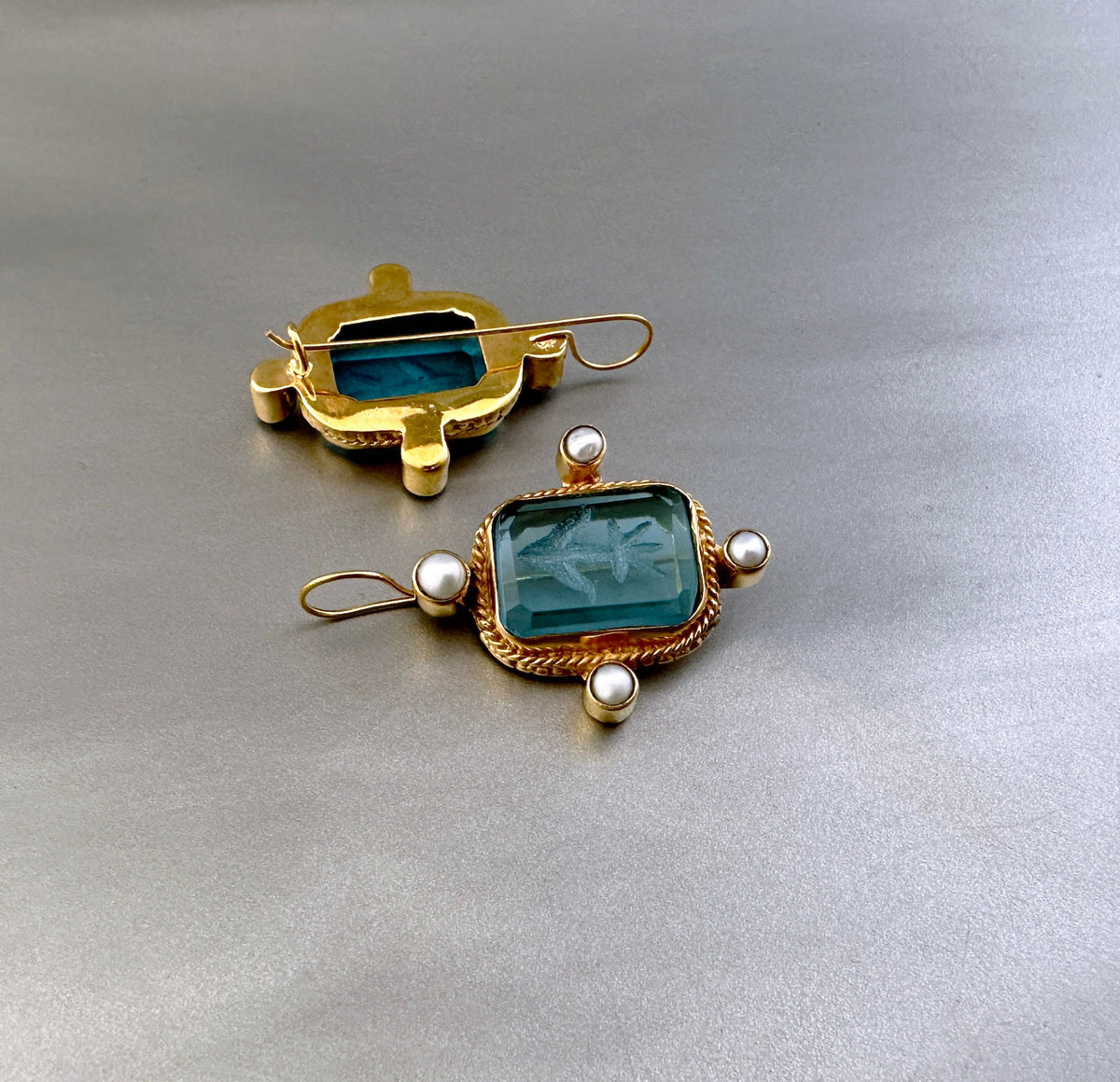 Blue Rectangular Intaglio Earrings, Something Blue Bridal, Gold Plated, photo 10