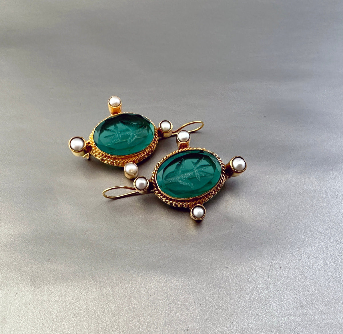 Green Glass Intaglio Earrings, Edwardian Style, Gold Vermeil with Pearls, photo 13