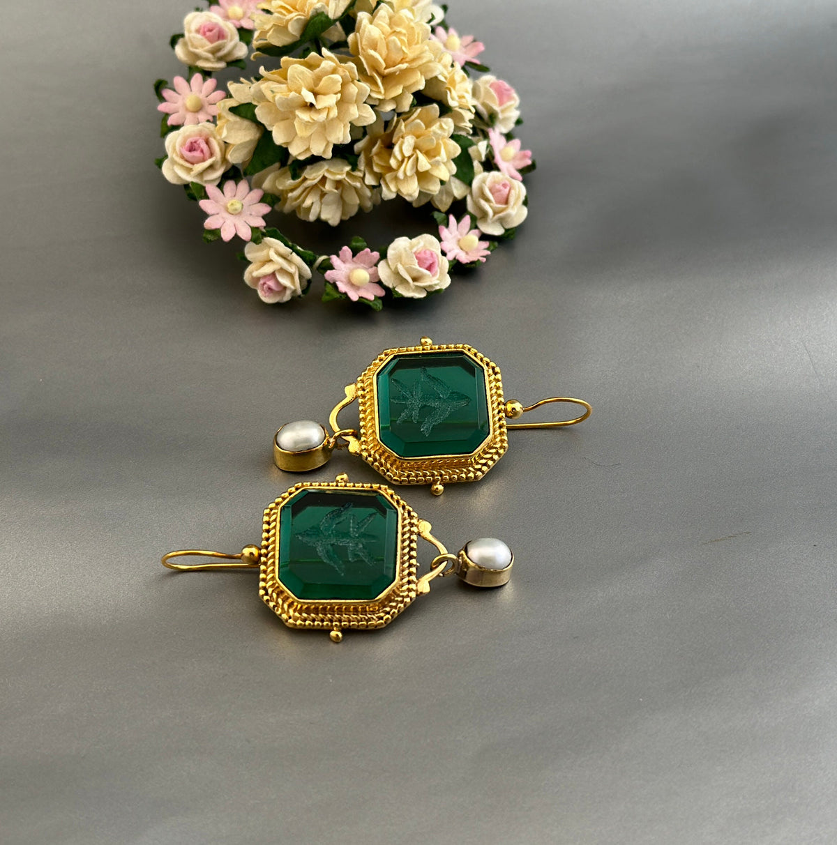 Green Intaglio Earrings, Edwardian Style, 18K Gold, photo 5