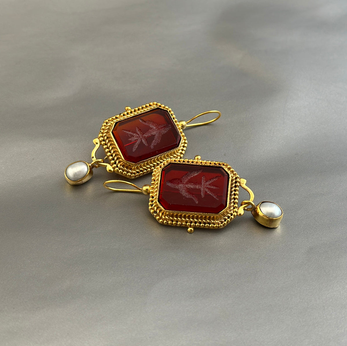 Red Glass Intaglio Earrings, Roman Style, 18K Gold, photo 9