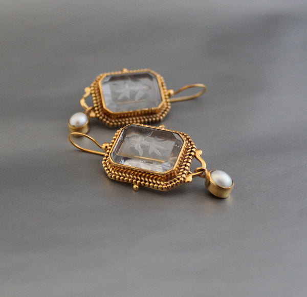 Clear Intaglio Earrings, Vintage Victorian Style, Brass