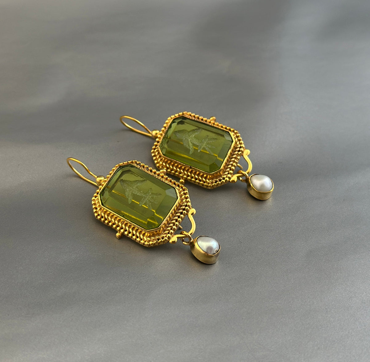 Green Intaglio Earrings, Edwardian Style, Dainty Gold, photo 8