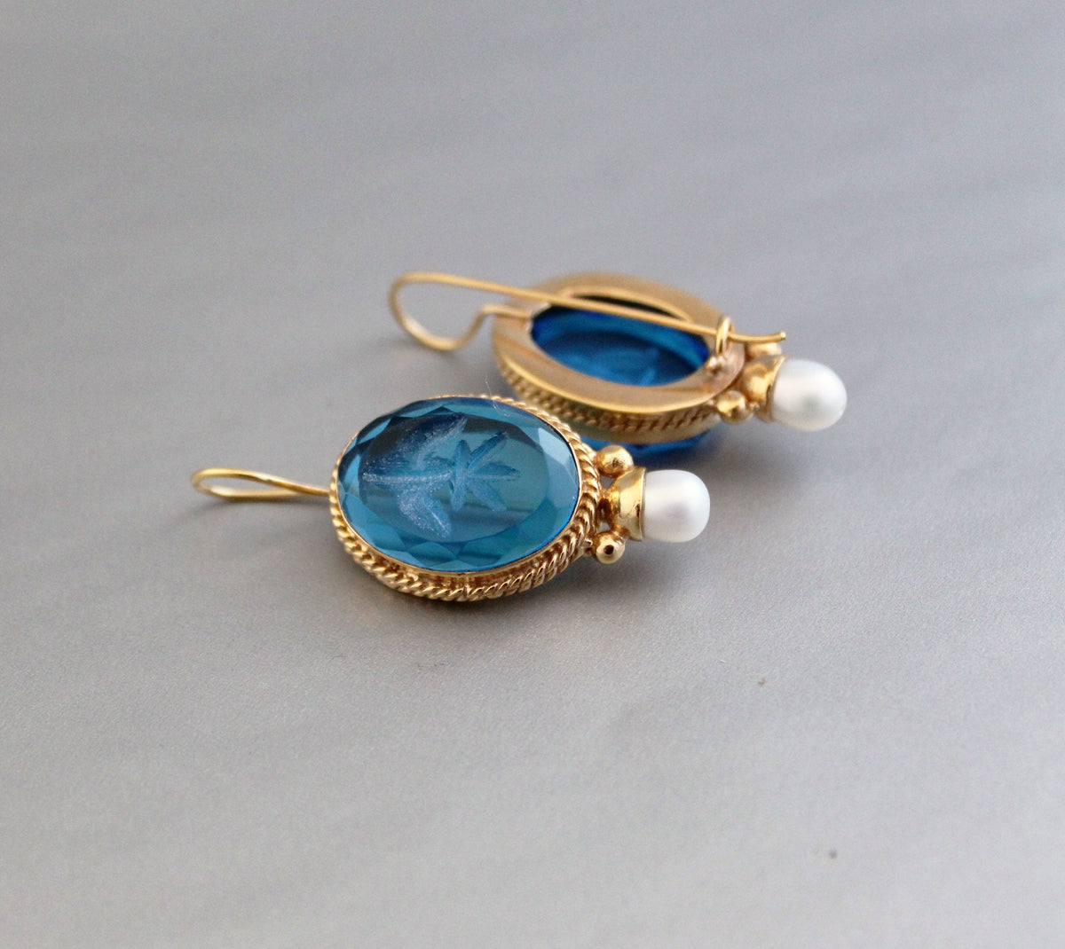 Blue Glass Intaglio Earrings, Vintage Victorian Style, 18K Gold, photo 8