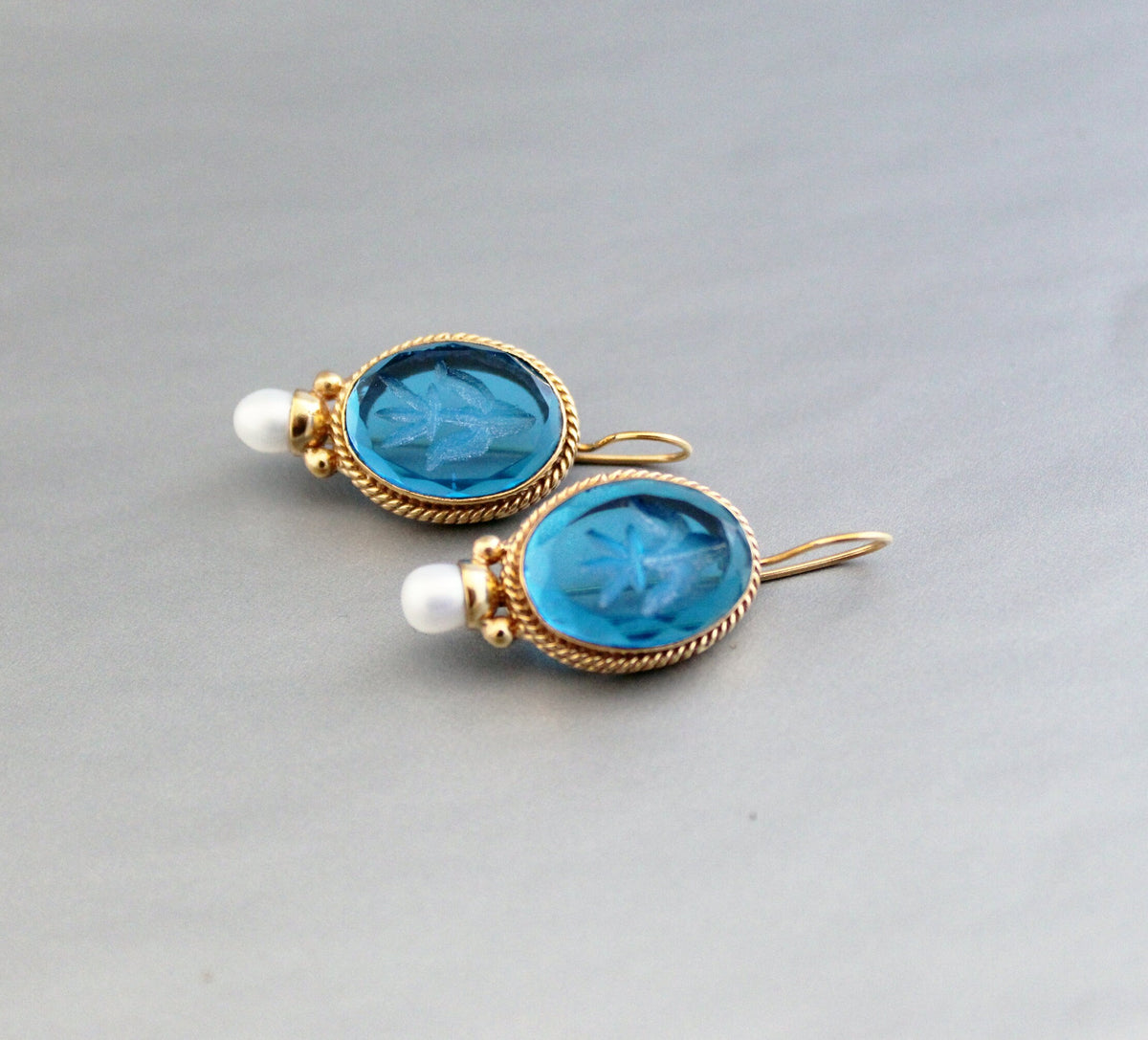 Blue Glass Intaglio Earrings, Art Deco Pearl Drops, 18K Gold Vermeil, photo 8