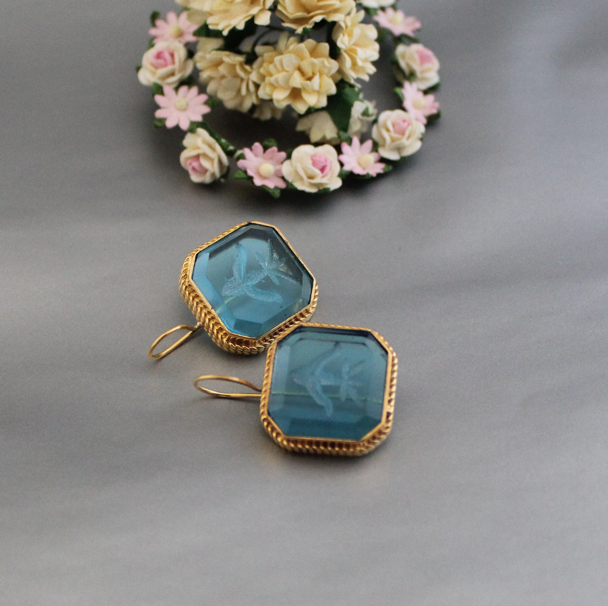Blue Intaglio Statement Earrings, Bridal Gold, photo 6