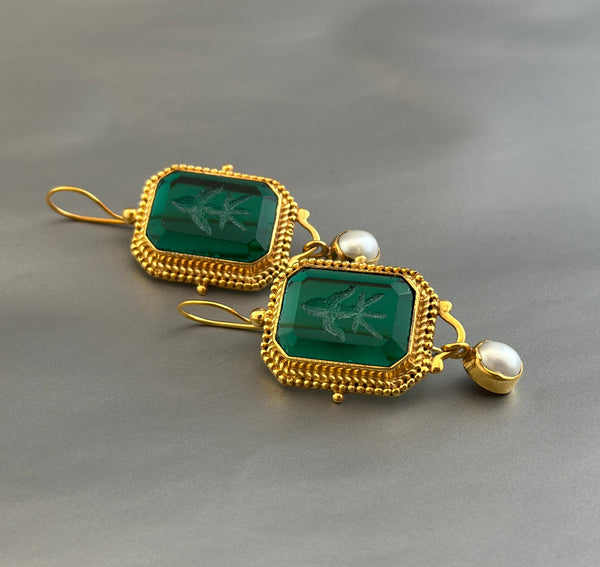 Green Intaglio Glass Drop Earrings, Victorian Style, Gold and Pearl