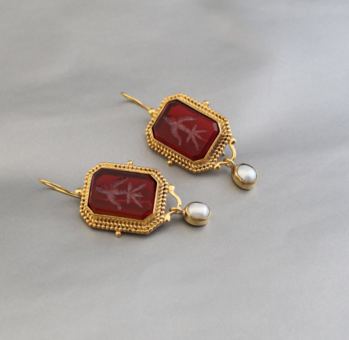 Red Glass Intaglio Earrings, Roman Style, 18K Gold, photo 10