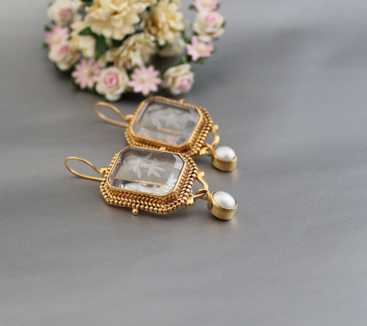 Clear Intaglio Earrings, Vintage Victorian Style, Brass, photo 6