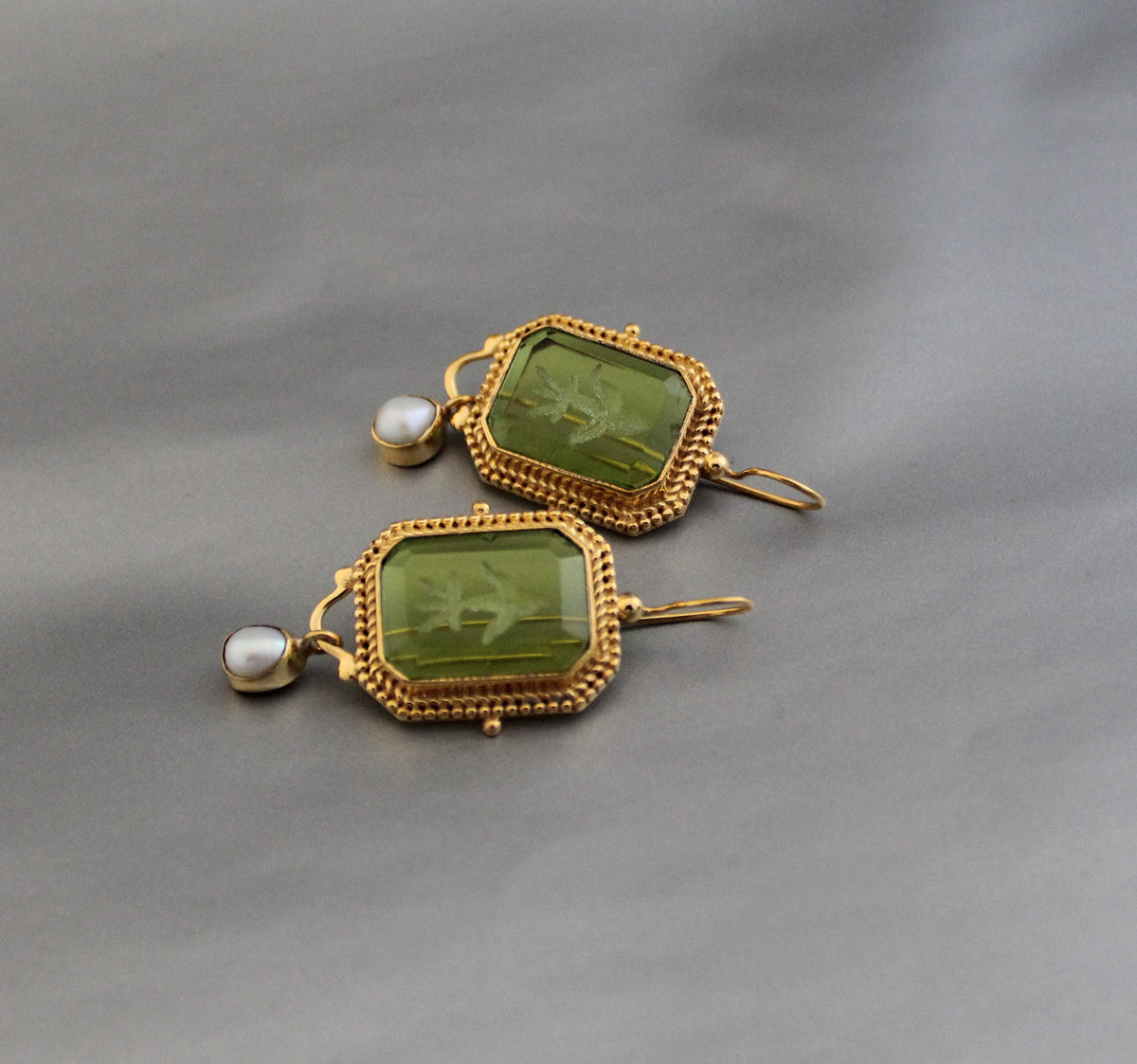 Green Intaglio Earrings, Edwardian Style, Dainty Gold, photo 6
