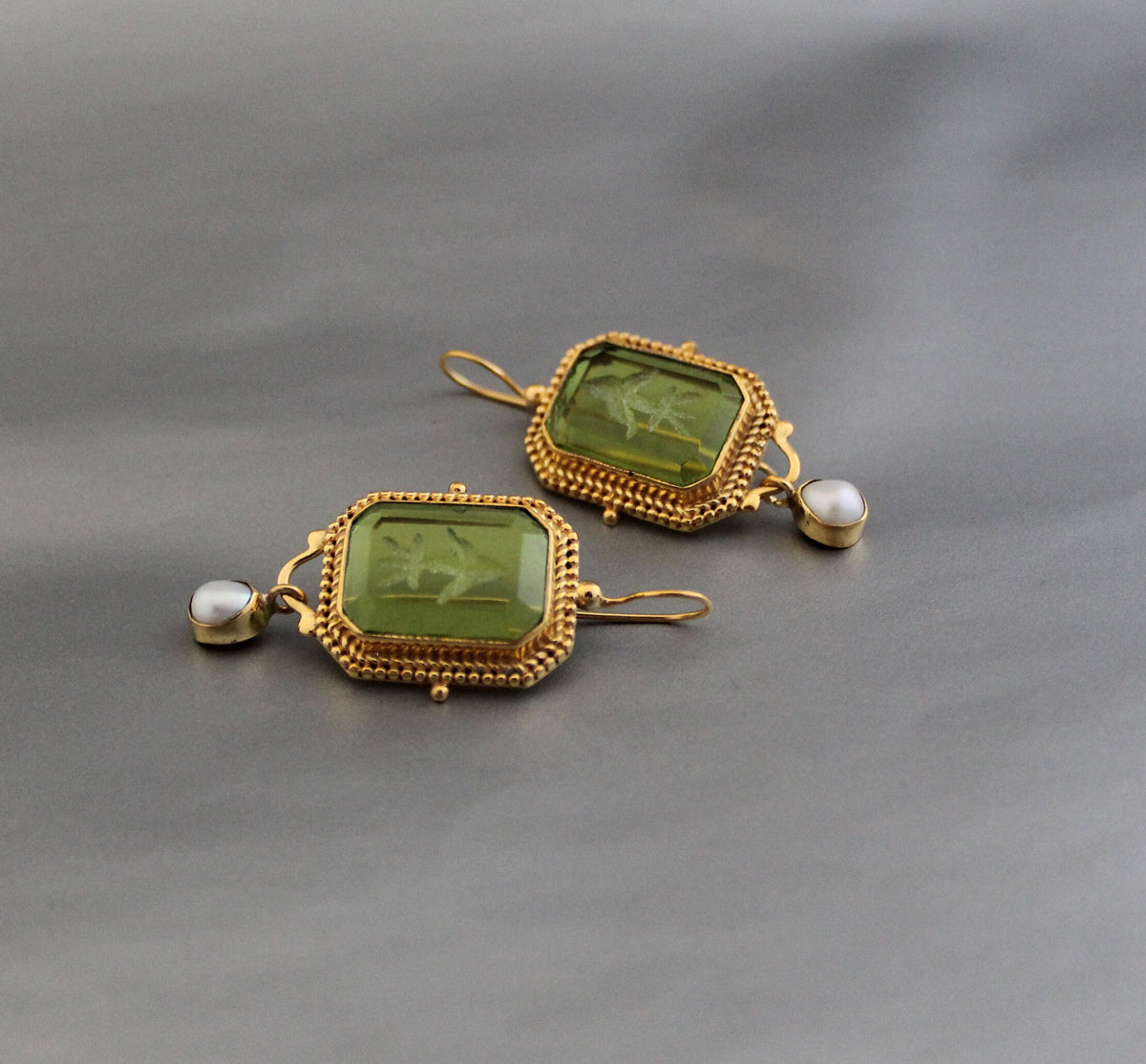 Green Intaglio Earrings, Edwardian Style, Dainty Gold, photo 5