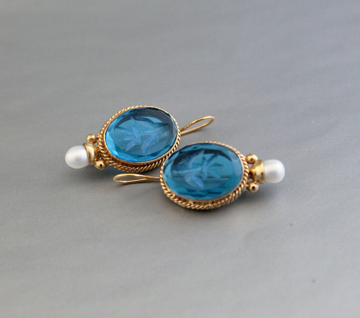 Blue Glass Intaglio Earrings, Vintage Victorian Style, 18K Gold, photo 4